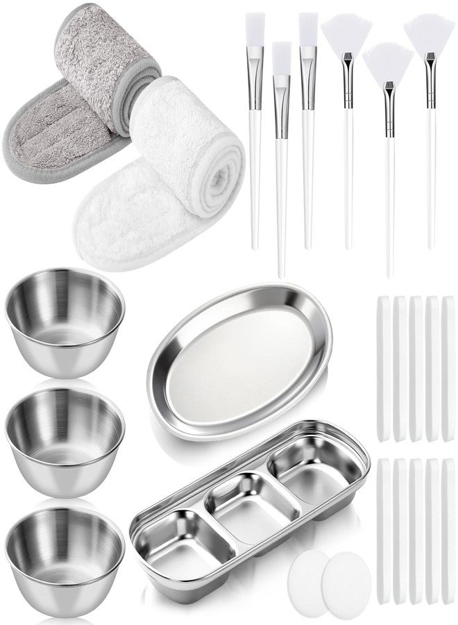 LemonRoad 25 Pcs Esthetician Facial Supplies Set, 3 Stainless Steel Mixing Bowls, 2 Serving Trays, 6 Brushes, 2 Hairbands, 12 Compressed Sponges for Women Facial Mask Spa Home Use (Silver) - Image 1